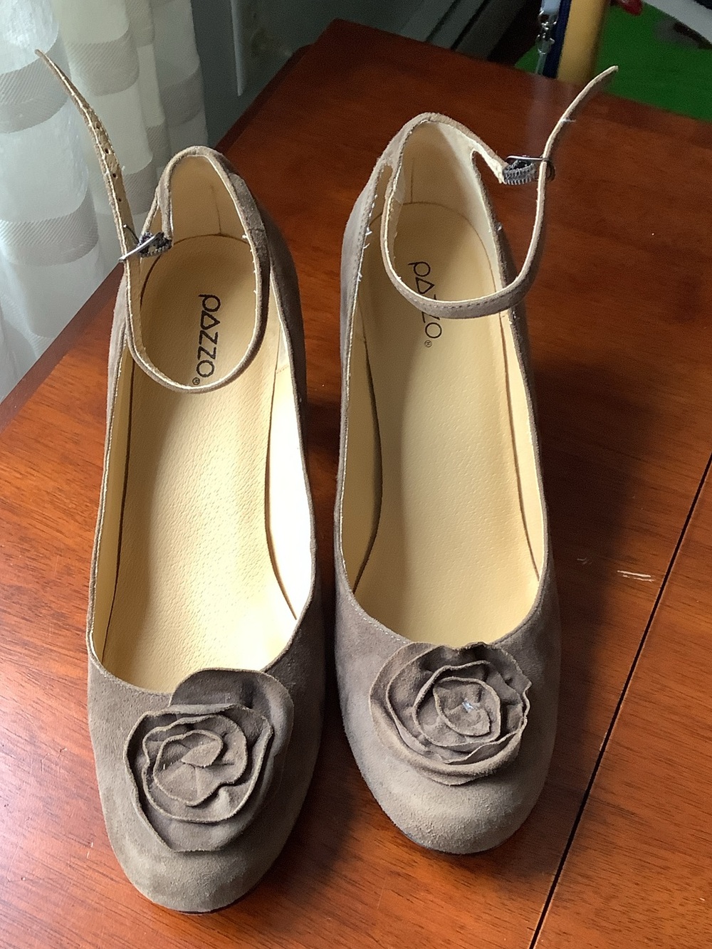 PAZZO Taupe Suede Ankle-Strap Pumps with Floral Rosette